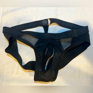 Greg Homme NWOT black mesh Thong with front zipper